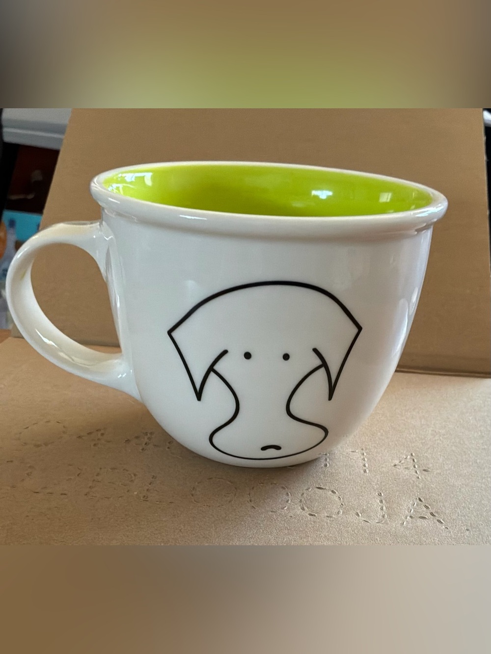 White Ceramic Dog Face Mug with Lime Green Interior